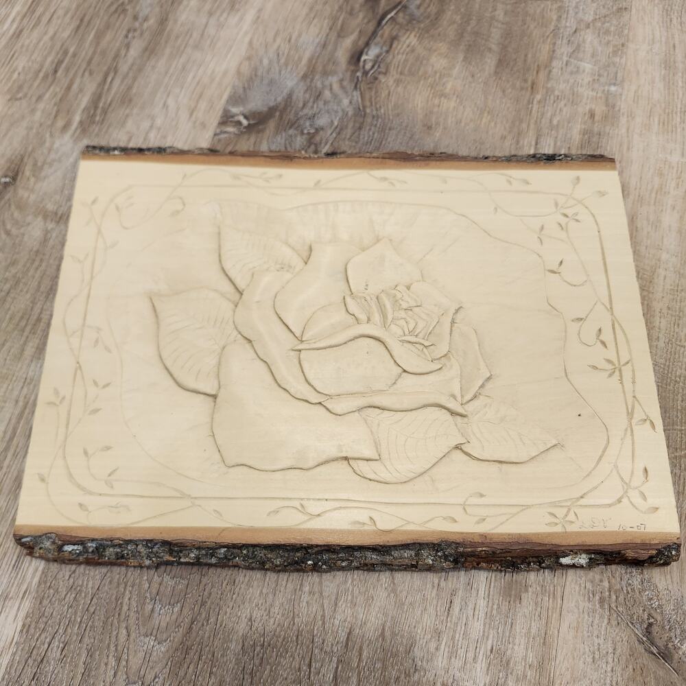 Hand Carved Wooden Plaque, Beautiful Rose Flower, Raw Edge, Folk Art Wall Decor